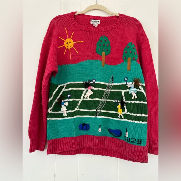 Handicraft Sweaters - Vintage Cotton 3D Women's Red Tennis Scene Sweater Medium Large